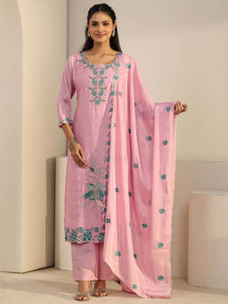 Libas - Women Pink Floral Chinon Kurta and Pant with Dupatta