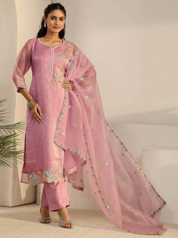 Libas - Women Pink Floral Organza Kurta and Pant with Dupatta