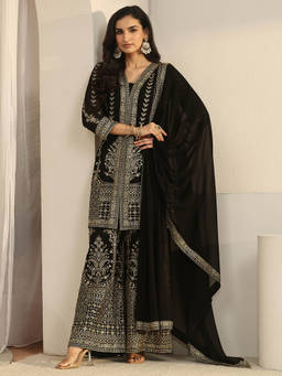Libas Art - Women Black Embroidered Georgette Kurta and Pant with Dupatta
