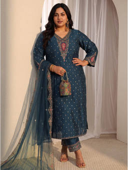 Extra love by Libas - Women Blue Woven Silk Blend Kurta and Pant with Dupatta