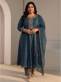Extra love by Libas - Women Teal Woven Silk Blend Kurta and Pant with Dupatta
