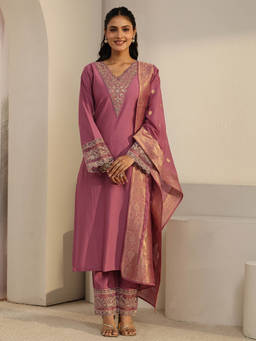 Libas - Women Pink Embroidered Silk Blend Kurta and Pant with Dupatta