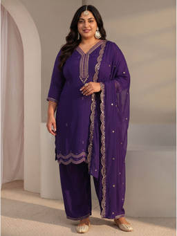 Extra love by Libas - Women Purple Embroidered Chanderi Silk Kurta and Pant with Dupatta