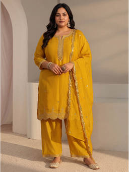 Extra love by Libas - Women Yellow Embroidered Chanderi Silk Kurta and Pant with Dupatta