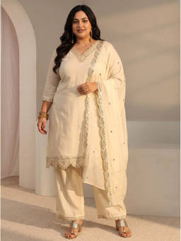 Extra love by Libas - Women Off White Solid/Plain Chanderi Silk Kurta and Palazzo with Dupatta