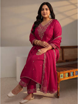 Extra love by Libas - Women Pink Embroidered Chanderi Silk Kurta and Pant with Dupatta