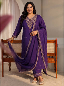Extra love by Libas - Women Purple Embroidered Chanderi Silk Kurta and Pant with Dupatta