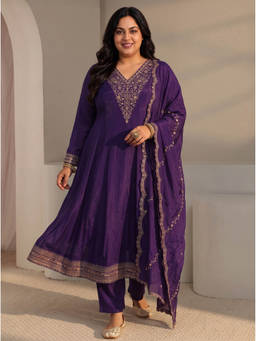 Extra love by Libas - Purple Embellished Chanderi Silk Anarkali Kurta and Pant with Dupatta