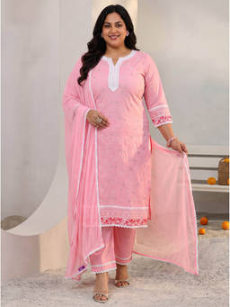 Extra love by Libas - Women Pink Solid/Plain Cotton Kurta and Pant with Dupatta