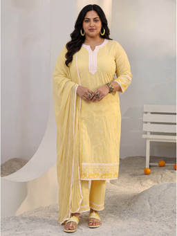 Extra love by Libas - Women Yellow Solid/Plain Cotton Kurta and Pant with Dupatta