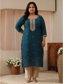 Extra love by Libas - Women Teal Embroidered Silk Blend Kurta
