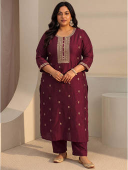 Extra love by Libas - Women Maroon Embroidered Silk Blend Kurta