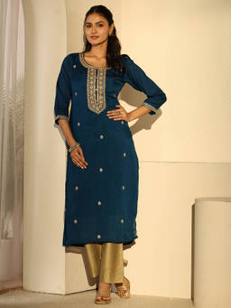 Libas - Women Teal Embroidered Silk Blend Kurta