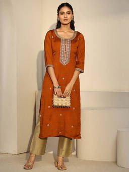 Libas - Women Rust Embroidered Silk Blend Kurta