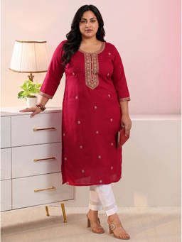 Extra love by Libas - Women Red Embroidered Silk Blend Kurta