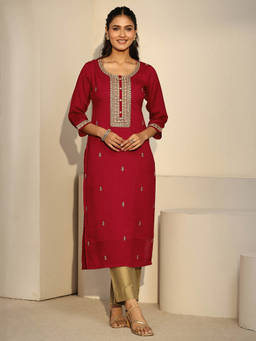 Libas - Women Red Embroidered Silk Blend Kurta
