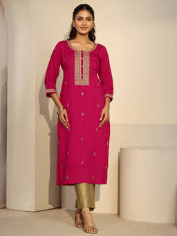 Libas - Women Pink Embroidered Silk Blend Kurta