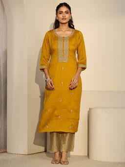 Libas - Women Mustard Embroidered Silk Blend Kurta