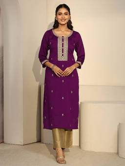Libas - Women Purple Embroidered Silk Blend Kurta