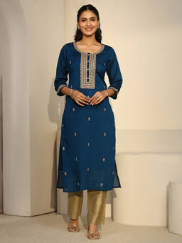 Libas - Women Teal Embroidered Silk Blend Kurta