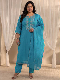 Extra love by Libas - Women Blue Embroidered Chanderi Silk Kurta and Pant with Dupatta