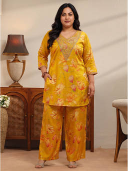 Extra love by Libas - Women Mustard Printed Silk Blend Co-Ord Set