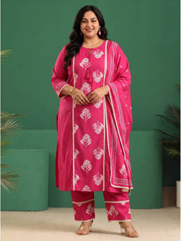 Extra love by Libas - Women Pink Printed Cotton Kurta and Pant with Dupatta