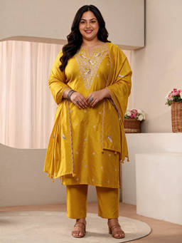 Extra love by Libas - Women Yellow Embroidered Chanderi Silk Kurta and Pant with Dupatta