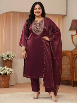 Extra love by Libas - Plus Size Maroon Yoke Design Tissue Straight Suit Set