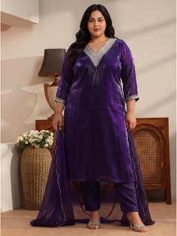 Extra love by Libas - Women Purple Embellished Tissue Kurta and Pant with Dupatta