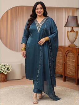 Extra love by Libas - Plus Size Blue Yoke Design Tissue Straight Suit Set