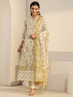 Libas - Women Off White Floral Cotton Kurta and Pant with Dupatta