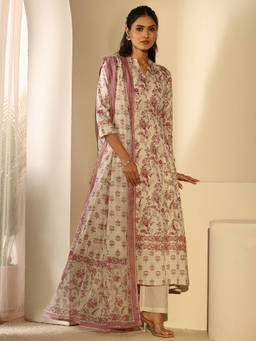 Libas - Women Off White Floral Cotton Kurta and Pant with Dupatta