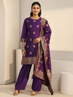 Libas - Women Purple Woven Chanderi Silk Kurta and Pant with Dupatta