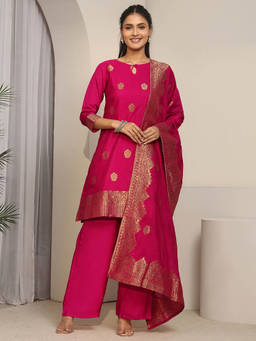 Libas - Women Pink Woven Chanderi Silk Kurta and Pant with Dupatta