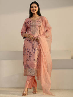 Libas - Women Peach Floral Silk Blend Kurta and Pant with Dupatta