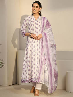 Libas - Women White Printed Cotton Kurta and Pant with Dupatta