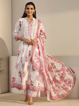 Libas - Women White Floral Cotton Kurta and Pant with Dupatta