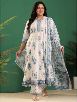 Extra love by Libas - Women White Floral Cotton Kurta and Pant with Dupatta