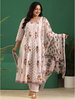 Extra love by Libas - Women White Printed Cotton Kurta and Pant with Dupatta