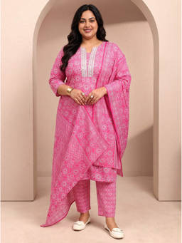 Extra love by Libas - Women Pink Printed Cotton Blend Kurta and Pant with Dupatta