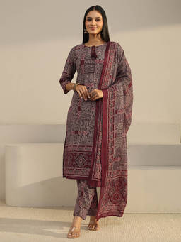 Libas - Women Rust Printed Cotton Kurta and Pant with Dupatta