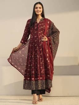 Libas - Women Rust Printed Cotton Kurta and Pant with Dupatta