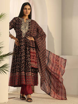 Libas - Women Black Printed Cotton Anarkali Kurta and Pant with Dupatta