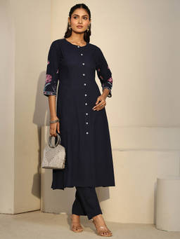 Libas - Women Navy Blue Solid/Plain Cotton Kurta with Pant