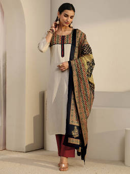 Libas - Women Off White Woven Cotton Blend Kurta and Pant with Dupatta