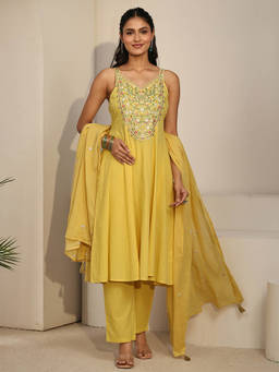 Libas - Women Mustard Embroidered Cotton Kurta and Pant with Dupatta