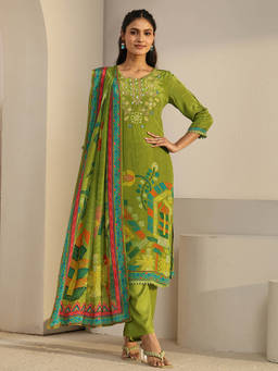 Libas - Women Green Embroidered Crepe Kurta and Pant with Dupatta
