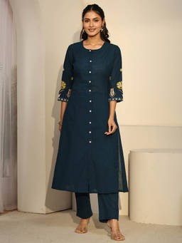 Libas - Women Teal Embroidered Cotton Kurta with Pant