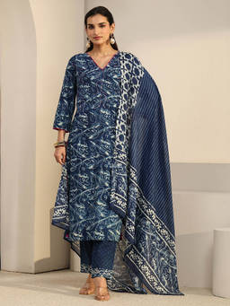 Libas - Women Blue Printed Cotton Kurta and Pant with Dupatta